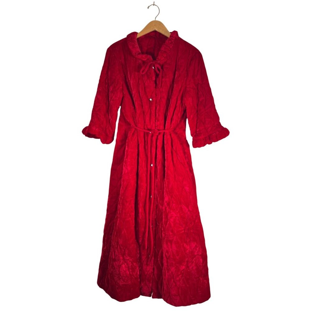 VINTAGE Womens Size 46 Chest House Coat Maxi Red Quilt Velvet Rhinestone Buttons